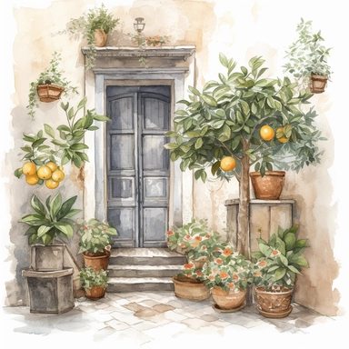 Create a beautiful watercolor clipart vignette of a rustic Mediterannean cobblestone courtyard with a collection of flowering potted plants and potted lemon tree against a painted white rustic cottage door. The composition should be set against an isolated white background, with a bright and airy feel. Focus on capturing intricate details such as the delicate petals of the roses. Use a loose and fluid watercolor technique to create a sense of movement and lightness. Experiment with the use of ne