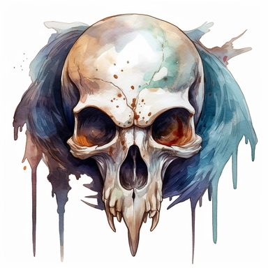 scary face of a bird skull demon looking head on, watercolor, ultra high-detail, dark outlines, white background, clipart,
