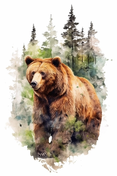 Watercolor brown bear and forest, nature, very vivid colors, highly detailed drawing, white background, clipart, colorful, highly detailed, HD