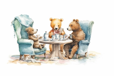Design a watercolor clipart of a teddy bear wearing a fancy hat and serving tea to other teddy bears at a small table, set against a backdrop of a cozy living room, in the style of delicate watercolor strokes, viewed from a side view perspective, hd, spaced out, on a white background