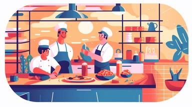 clipart of a scene of a kitchen staff working together in a restaurant kitchen, Alegria style, corporate memphis style, flat art, bold colors, upbeat, happy, friendly, high resolution, 8k