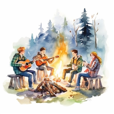 A group of friends gathered around a campfire, roasting marshmallows and singing folk songs from the 1960s, american style, watercolor, clipart