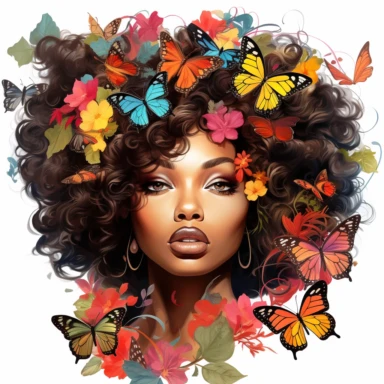 Beautiful black woman beautiful hair lips and eyes long eyelashes, colorful butterflies in hair as clipart on white background