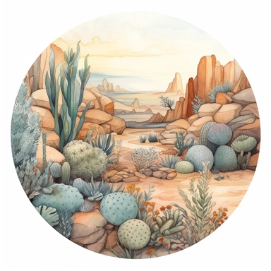 Watercolored pencil style illustration, circle desert scene with rocks, cactus and succulents, orange brown beige grey green blue, isolated on a white background, PNG file clipart style, Dennis Wojtkiewicz, Amanda Clark, Lowell Herrero,