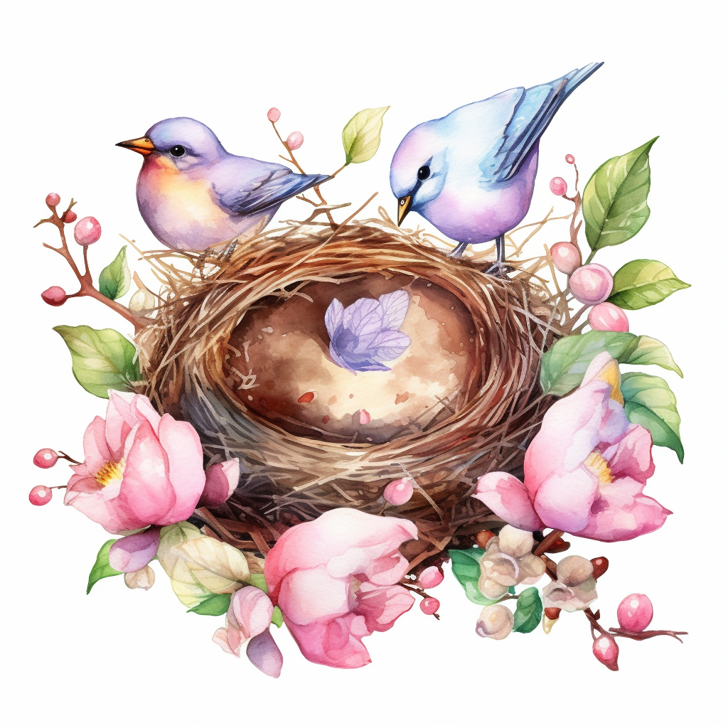 Highly detailed watercolor clipart, floral Bird Nests springtime cute ...