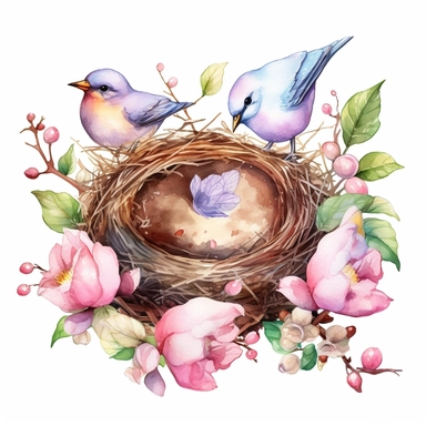 Highly detailed watercolor clipart, floral Bird Nests springtime cute birds and blossoms, mother bird and small eggs in the nest, fantasy, highly detailed, fantasy cartoon illustration, greenery, alcohol ink, Watercolor, UHD, 8K, 3D