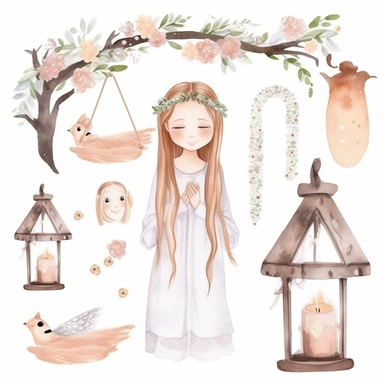 watercolor First communion cute illustrations clip art set , simple, soft colors , cartoon elements , different variants, a girl with long braids on the day of her first holy communion in a white dress with a wreath of white flowers on her head sitting under a tree with lanterns hanging, watercolor boho style wooden elements ,white background