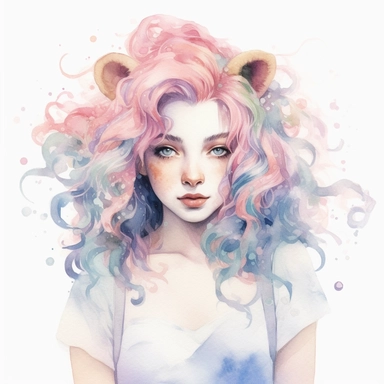 Cute zodiac sign Leo, leo ears and hair, pastel colors, white background, fashion illustration, watercolor splash, clipart, by Jack Hughes