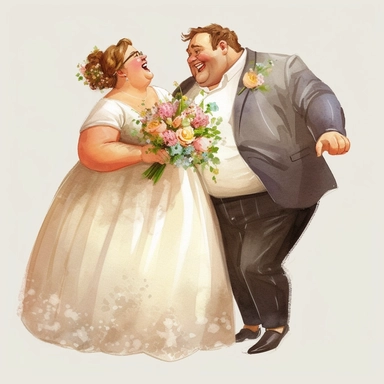 watercolor, drawing, illustration of the bride and groom, fat bride (overweight), bride short hair, laughing, wedding dance, holding a bouquet, flowers, clipart, high resolution image, detailed image, photorealistic, 3D, 4K