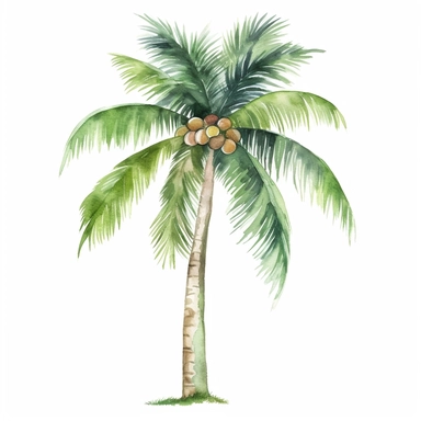 Watercolor A tall palm tree with coconuts and green fronds clipart, Minimalist, bright colors, isolated white background, 8k