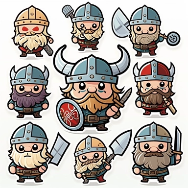 10 cute Viking soldier army stickers collection, clipart design, cartoon, 4k, white background