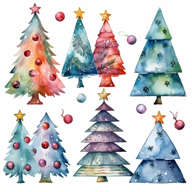 Watercolor christmas trees with christmas ornaments with gift boxes underneath, illustrations clipart set, simple, christmas colors , cartoon elements, different variants , candy cane, hollybell, bow, separate elements with a margin