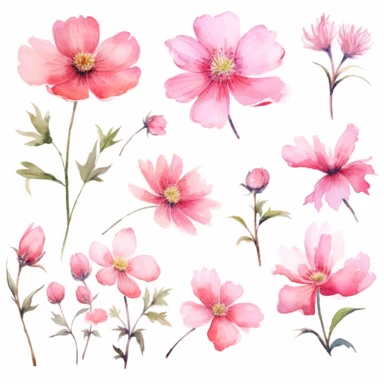 Captivating watercolor clipart set featuring pink flower blossoms, each captured from a different angle, framed with dynamic brushstrokes that convey a sense of movement, energy, and the ever-changing nature of life's journey, clipart on a white backdrop.
