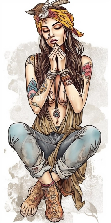 woman in fashion pose, Bohemian, exotic, brown eyed and brown haired woman with a headband with flowers and feather, cowboy boots, lotus choker, large earrings, tattoos, hands in prayer, wearing her heart on her sleeve, watercolor illustration on white background, watercolor clipart on white background, watercolor sticker on whtie background, in th e style of Job ID: 604300f4 - 6984 - 4a9a - aa16 - 00313a985d77 Seed: 1300855054