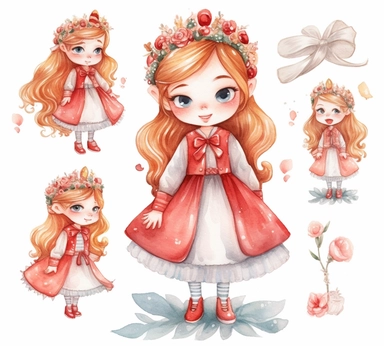 cute adorable little Danish princess character watercolor clipart, full body, disney, pixar