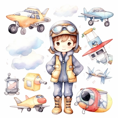 cute kawaii plane pilot , watercolor white background clipart set single elements with margin