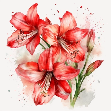 watercolor illustration of Amaryllis flowers, watercolor clipart, watercolor splashes, spring boho vibes, 4k uhd, realistic floral portrait, white background