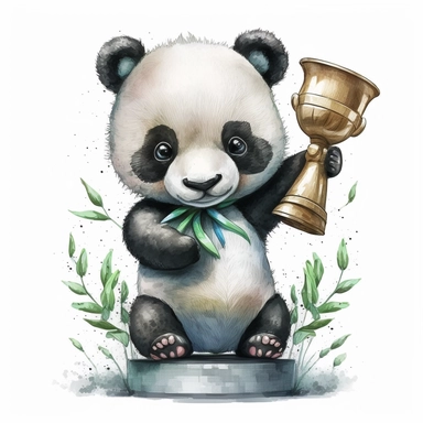 Cute and Happy baby Panda holding a trophy or award, Clipart. watercolor style, white background