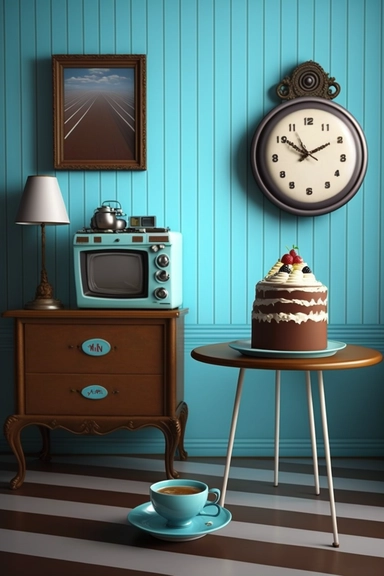 Stunning art of room landscape, happy birthday cake, minimalism, bright colors, old antique tv , walls , clock, table , chair , clip art, blue brown black and white color