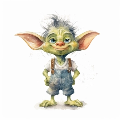 Create a watercolor clipart of a cute goblin in work attire, perfect for adding a quirky touch to your designs. The goblin should be depicted in a pastel color palette, with soft, whimsical brushstrokes and no background, making it easy to integrate into any project. Use a wide-angle camera lens to capture the goblin from a slightly lower angle, emphasizing its playful, mischievous nature.