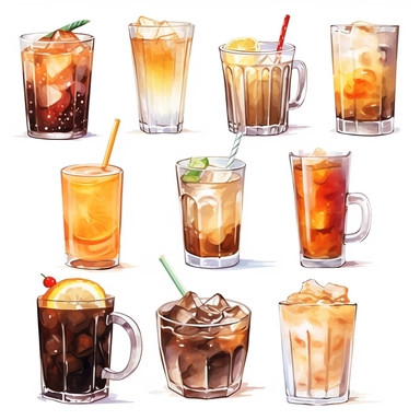 Milk, Soft Drink, Coconut Water, Coconut Milk Shake, Iced Chocolate, Hot Chocolate, Iced Cocoa, Macchiato, Squash, Caramel Latte, Caramel Macchiato, Bubble Milk Tea, Black Tea, white background, clipart, Object, vector collection, 8k, watercolor