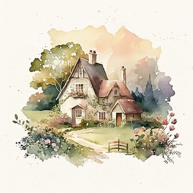 watercolor illustration, country house clipart, cute, adorable, high quality, for children, soft brush texture, soft colors, only the element on solid cream background