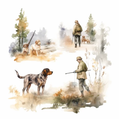 watercolor hunting scene in forest or fields on white background with setter and pointer dogs pointing , illustrations clipart set, simple, , cartoon elements ,different variants , natural elements, separate elements with a margin, ,4k, high resolution, ,