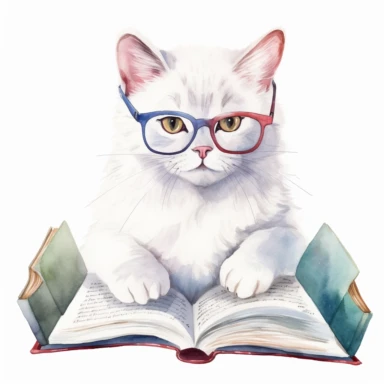 White Cat Reading Book, Nerdy Cat Wearing Glasses, Watercolor Clipart, 8k, White Background, surrounded by glems, beautifull, cinematic, realistic