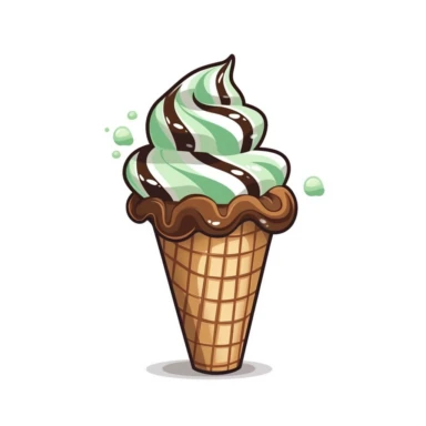 Create a clipart of a mint chocolate ice cream cone with a perfect swirl on top, garnished with bits of chocolate. The cone should be slightly tilted and the entire image should be on a white background. Add shadows to give a 3-dimensional effect. The colors should be pastel to invoke a calming and refreshing feeling. Make the chocolate bits easily distinguishable and placed evenly. Overall, the clipart should look delicious and mouth-watering, inviting viewers to indulge in a sweet treat.