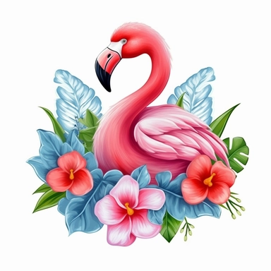 vibrant colored baby flamingo with beautiful frangipani flower, Valentine's Day, clipart, without text in the picture, white background, isolated on white, logo design