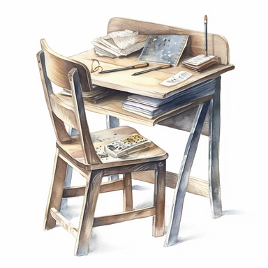 hyperrealism painting, school desk, white background, watercolor style, farmhouse chic, tempera clipart