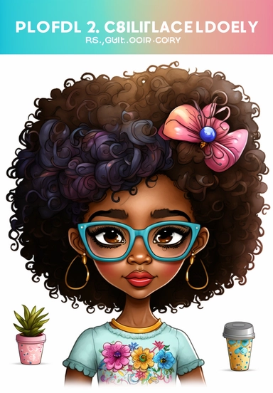 2d watercolor clipart kawaii, spring, april, character of beautiful african american woman, Intricately rendered dark Skinned woman, full body portrait, intricately rendered, 8k, short thick curls brown hair, sparkles, generously detailed, hyper realistic, digital, long rainbow eye lashes, beautiful retro comic urban chick, smart, books, nerdy, glasses, 4k,