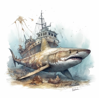 watercolor clipart consist of Shark around a sinking shipwreck in the seabed. Produce very high detailed image. Left some empty white space around. The shark proportion is as original great white shark.
