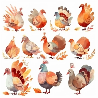Clipart collection, cute turkey, single design, vector, white background, watercolor