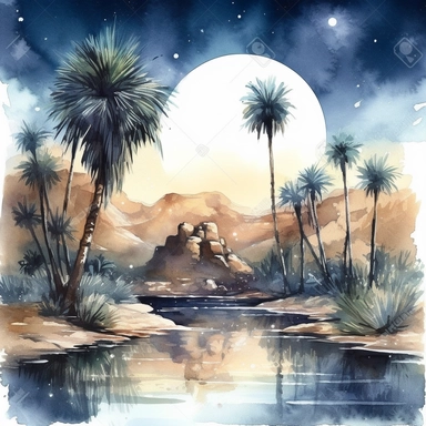 clipart style, watercolor scene of A captivating image of an Enigmatic Desert Oasis, showcasing a serene oasis surrounded by a vast desert landscape. The moon and stars illuminate the night sky, casting a soft glow over the palm trees and the tranquil waters. The image invites viewers to ponder the mysteries hidden within this desert sanctuary, HD, on white background