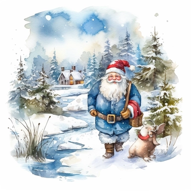 High resolution Christmas theme Watercolor Cute santa claus wearing blue Clipart Collection in beautiful winter landscape with a lot of snow and a small lake, christmas theme, detailed, isolated, white background, one pattern 8k