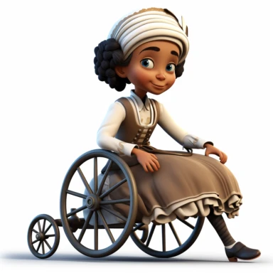 cute 3d cute little girl historian clipart, various ethnicities, in early modern historical era wheelchair, full body, on white background