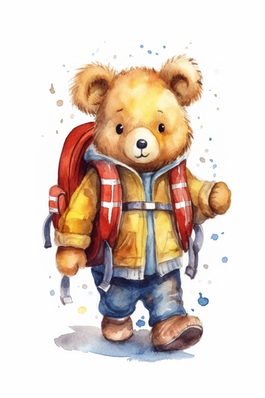 A cute adorable Teddy Bear go to school,clipart, wearing a backpack, Watercolor clipart in the style of nursery art children book character, hand drawn,perfect for a gender-neutral nursery, high-quality, centered in the middle of the image, in the adapted style of marc chagall.