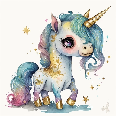 fantasy baby unicorn, clipart watercolor illustration, aquarallist, cute, big eyes, pretty blue, unicorncore, fairycore, free brushwork, watercolor, light and bright, four legs, gold horn, sparkle, skarklecore, detailed, isolated on a white background,