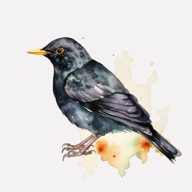 Watercolor blackbird clipart, white isolated background, space out, hd