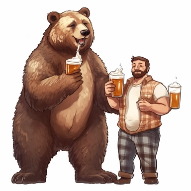 Create a set of clipart showing brown bear fur including dad bear holding a beer glass and cubs playing, crisp lines, super detailed high resolution white background,