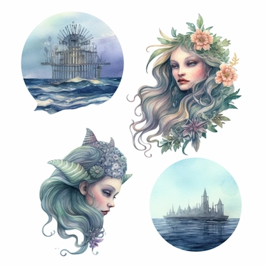 Let your creativity flow as you explore the depths of a mythical water world with this watercolor PNG clipart set, featuring stunning underwater landscapes, ethereal sea creatures, and intricately detailed mermaid homes, all presented against a timeless white background.