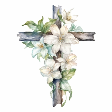 Watercolor sketch of floral cross, natural single design, highlydetailed, clipart style, white background, 8k