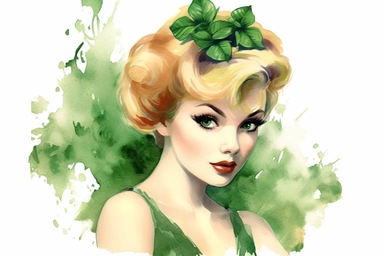 1950s Pin up girl st patricks day green shamrocks watercolor clipart