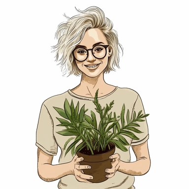 A HAPPY Young Woman WITH GLASSES AND blond hair Holding PLANTS Clipart in the style of hand-drawn, clean lines on a white background