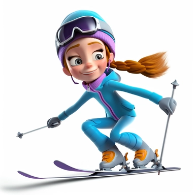 cute young girl skiiing downhill, smiling, full body, downhill ski clipart, two skies, Sport graphics, 16k polished, isolated on white background, 3d, rendered by pixar