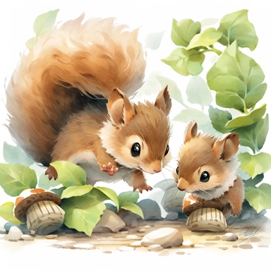 chasing Acorn, squirrel and Acorn, illustration for book, children's book, 2 clipart, fiorucci angels, beautiful decoupage paper, pastel colors, white background clipartm, fantasy art, squirrel ears, perfect eyes, detailed body, Watercolor Clipart, strybk, full Illustration, 4k, sharp focus, watercolor, smooth soft skin, symmetrical, soft lighting, detailed face, concept art, watercolor style, strybk, children's style fairy tales, chibi kawaii, Octane rendering, 3d. Perfect face, detailed face, 