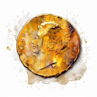 golden coin, dollar, watercolor, clip art, white background,