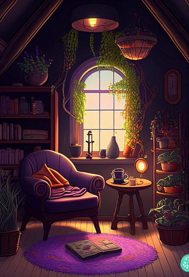 cozy living room of a witch, high detail, window in center of illustration, a lot of clutter, high texture, bookcases, sagging armchair, tea cups, ancient tomes, dusty, plants, cool atmosphere, cinematic, realistic light, anime, high detail, magical realism, flower accents, clipart, fantasy, whimsical, dreamy, by Anne Strokes