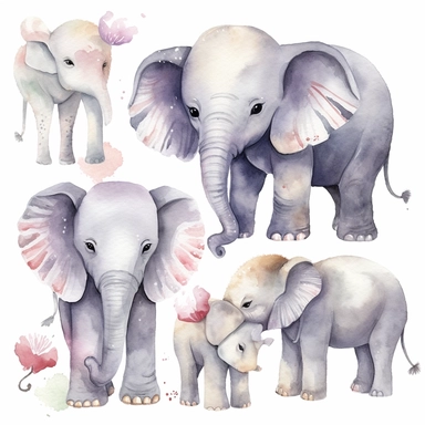 Elephant, Baby Animal Watercolor Clipart, white background